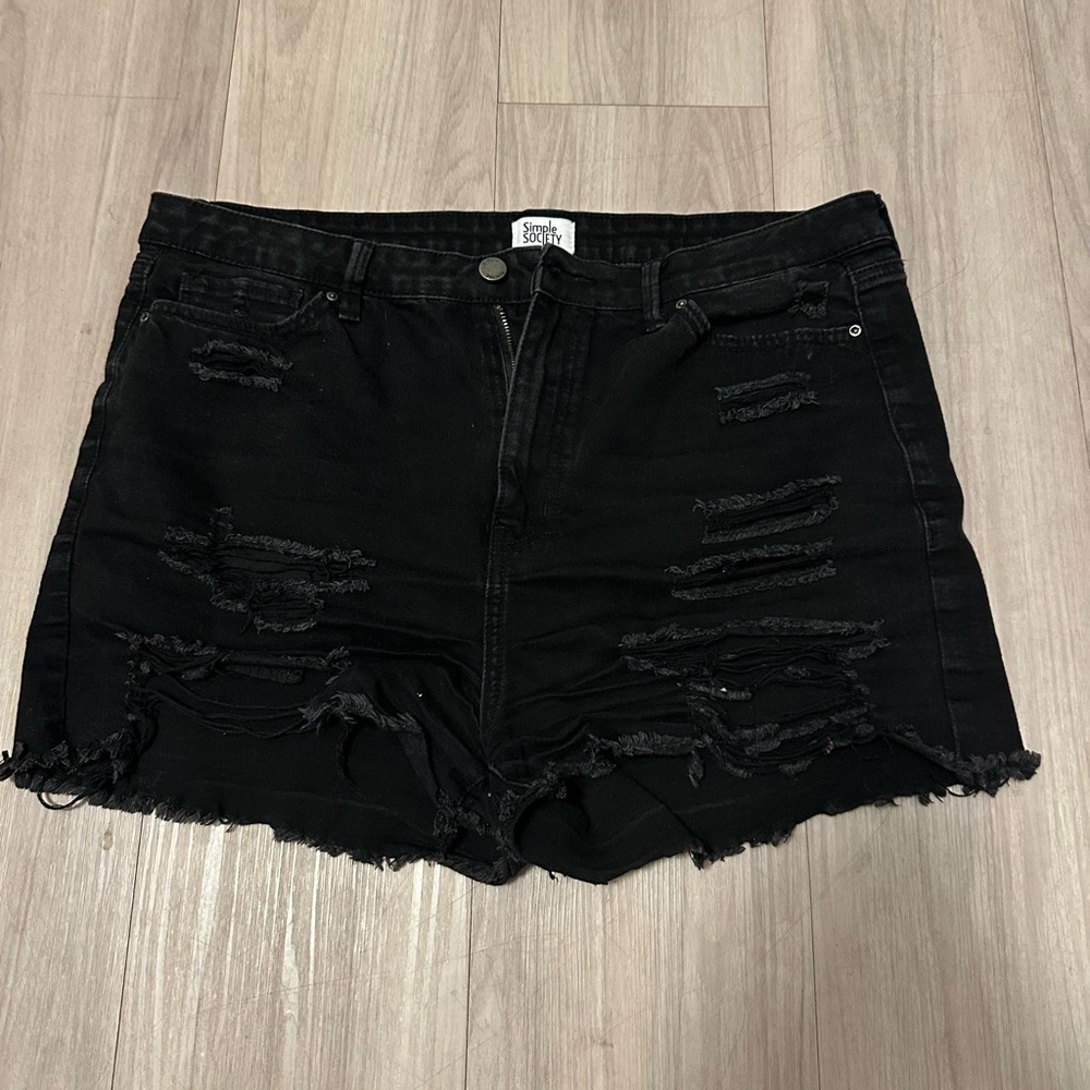 Distressed Black Denim Shorts